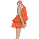 Women Autumn Sleeveless Halter Neck Tie-Up Backless Dress
