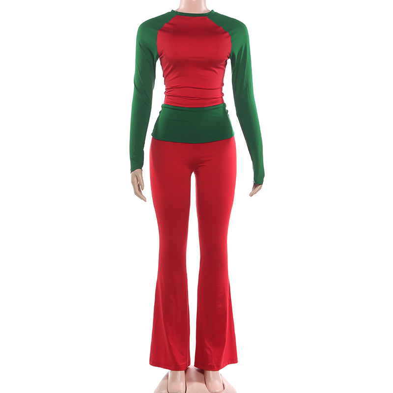 Women Autumn/Winter Christmas Long-Sleeve Round Neck T-Shirt and Color-Blocked Pants Two-Piece Set