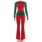 Women Autumn/Winter Christmas Long-Sleeve Round Neck T-Shirt and Color-Blocked Pants Two-Piece Set