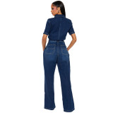 Women Stretchy Short-Sleeve Denim Bell Bottom Wide-Leg Jumpsuit