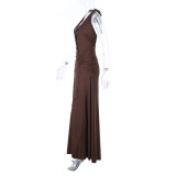 Women's Autumn Deep V-Neck Holidays Flounce Hem A-Line Halter Neck Bodycon Dress