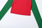 Women Autumn/Winter Christmas Long-Sleeve Round Neck T-Shirt and Color-Blocked Pants Two-Piece Set