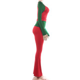 Women Autumn/Winter Christmas Long-Sleeve Round Neck T-Shirt and Color-Blocked Pants Two-Piece Set