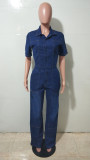 Women Stretchy Short-Sleeve Denim Bell Bottom Wide-Leg Jumpsuit