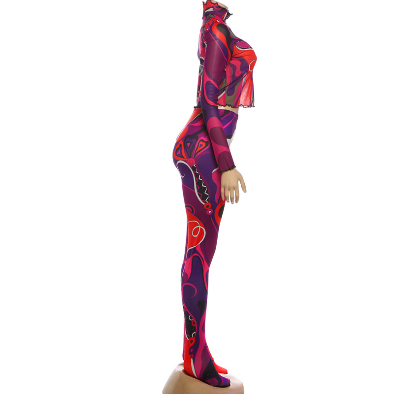 Women Spring Printed Sexy See-Through Top and Pants Two-Piece Set