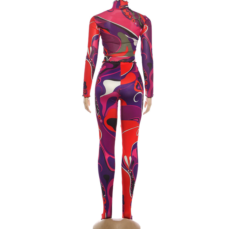 Women Spring Printed Sexy See-Through Top and Pants Two-Piece Set