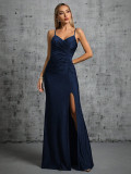 Women's Strap Deep V-Neck Party High Slit Low Back Sexy Evening Gown