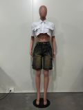 Women Spring Summer Ripped Cargo Pocket Denim Shorts