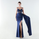 Women Beaded Herringbone Lace-Up Slit Formal Party Evening Gown
