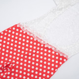 Women's Retro Long Sleeve Low Back Lace Top Polka Dot One-Piece Capri Pants