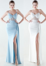 Women Beaded Herringbone Lace-Up Slit Formal Party Evening Gown