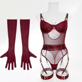 Women Sexy Halter Leg Ring Bodysuit Mesh See-Through Underwire Lingerie