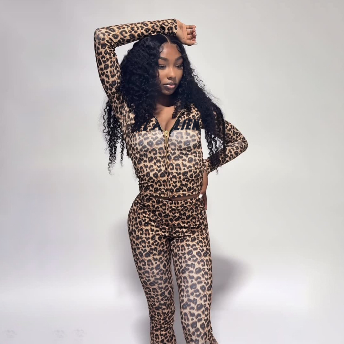 Women Autumn/Winter Hooded Leopard Print Letter Print Long-Sleeve Top and Pants Two-Piece Set