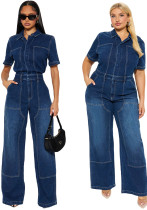 Women Stretchy Short-Sleeve Denim Bell Bottom Wide-Leg Jumpsuit