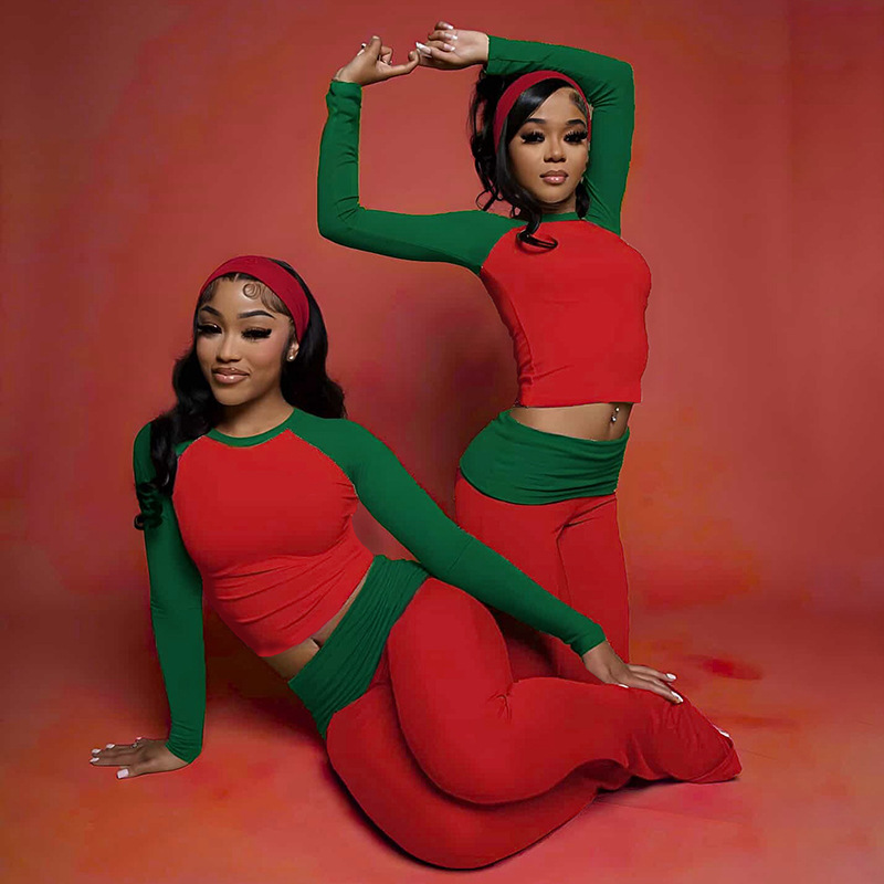 Women Autumn/Winter Christmas Long-Sleeve Round Neck T-Shirt and Color-Blocked Pants Two-Piece Set