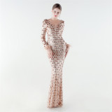 Formal Party Luxury Sequin Ostrich Feather Evening Gown Slim-Fit Long Dress