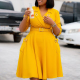 Plus Size Women Winter Sexy Elegant Turndown Collar Solid Dress