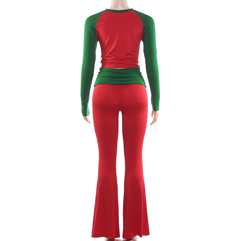Women Autumn/Winter Christmas Long-Sleeve Round Neck T-Shirt and Color-Blocked Pants Two-Piece Set
