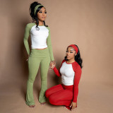Women Autumn/Winter Christmas Long-Sleeve Round Neck T-Shirt and Color-Blocked Pants Two-Piece Set