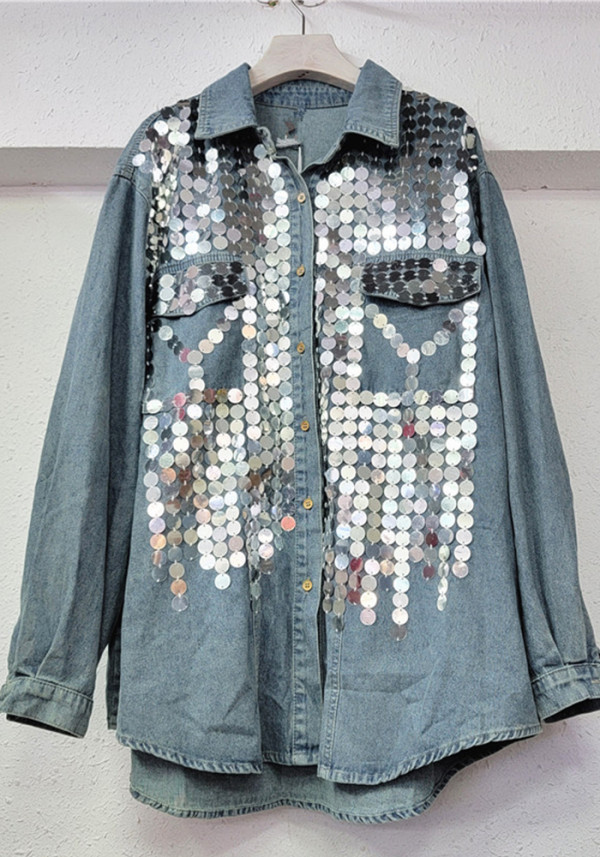 Women Sequined Denim Shirt Top