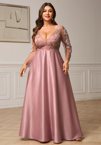 Plus Size Women Mesh Flower Satin Dress