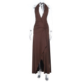 Women's Autumn Deep V-Neck Holidays Flounce Hem A-Line Halter Neck Bodycon Dress