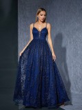 Women's Formal Party Strap Mesh Embroidered Low Back Chic Evening Gown