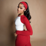 Women Autumn/Winter Christmas Long-Sleeve Round Neck T-Shirt and Color-Blocked Pants Two-Piece Set