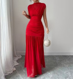 Women's Solid Color Slim Waist Pleated Long Elegant Dress