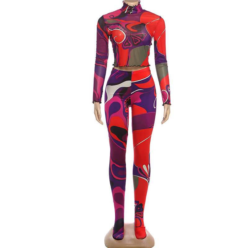 Women Spring Printed Sexy See-Through Top and Pants Two-Piece Set