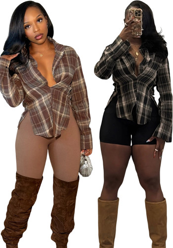 Women Plaid Long-Sleeve Turndown Collar Slit Shirt Top