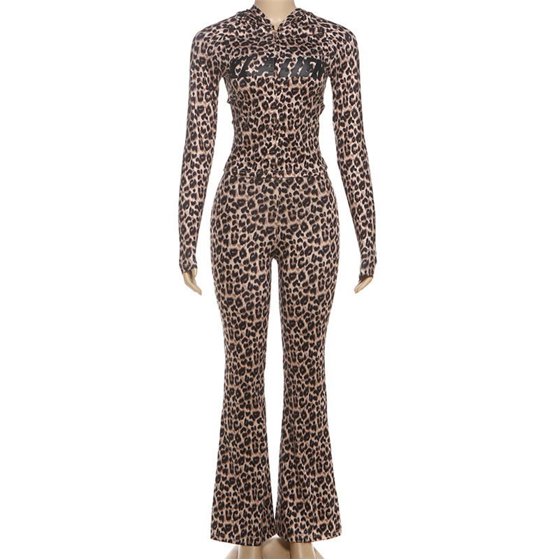 Women Autumn/Winter Hooded Leopard Print Letter Print Long-Sleeve Top and Pants Two-Piece Set