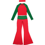 Women Autumn/Winter Christmas Long-Sleeve Round Neck T-Shirt and Color-Blocked Pants Two-Piece Set