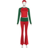 Women Autumn/Winter Christmas Long-Sleeve Round Neck T-Shirt and Color-Blocked Pants Two-Piece Set