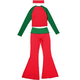 Women Autumn/Winter Christmas Long-Sleeve Round Neck T-Shirt and Color-Blocked Pants Two-Piece Set