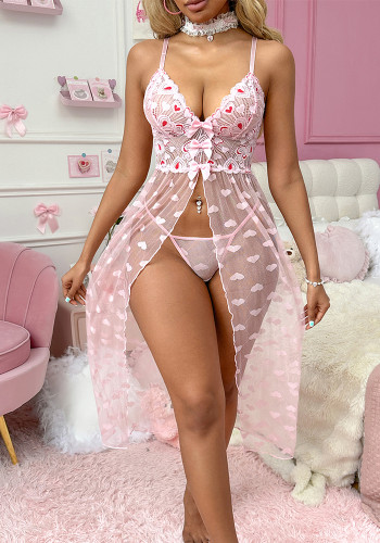 Women Sexy Nightgown Heart Print Lace Printed Slit See-Through Camisole Nightgown