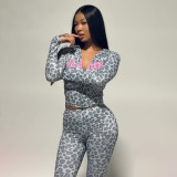 Women Autumn/Winter Hooded Leopard Print Letter Print Long-Sleeve Top and Pants Two-Piece Set