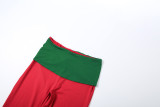 Women Autumn/Winter Christmas Long-Sleeve Round Neck T-Shirt and Color-Blocked Pants Two-Piece Set