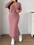 Plus Size Women's Autumn/Winter Tie-Detail Knitting Coat Strap Dress Two-Piece Set