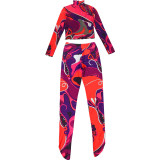 Women Spring Printed Sexy See-Through Top and Pants Two-Piece Set