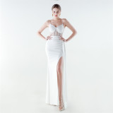 Women Beaded Herringbone Lace-Up Slit Formal Party Evening Gown