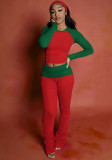 Women Autumn/Winter Christmas Long-Sleeve Round Neck T-Shirt and Color-Blocked Pants Two-Piece Set