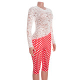 Women's Retro Long Sleeve Low Back Lace Top Polka Dot One-Piece Capri Pants