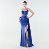 Women Beaded Herringbone Lace-Up Slit Formal Party Evening Gown