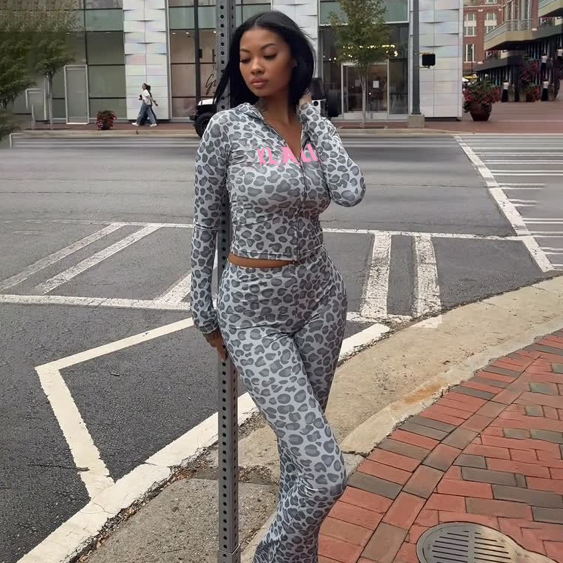 Women Autumn/Winter Hooded Leopard Print Letter Print Long-Sleeve Top and Pants Two-Piece Set