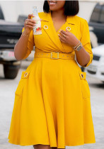 Plus Size Women Winter Sexy Elegant Turndown Collar Solid Dress