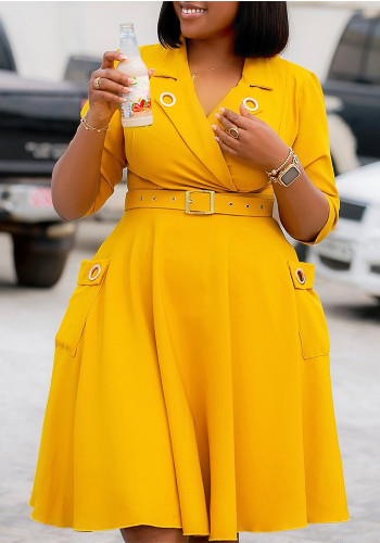 Plus Size Women Winter Sexy Elegant Turndown Collar Solid Dress