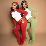 Women Autumn/Winter Christmas Long-Sleeve Round Neck T-Shirt and Color-Blocked Pants Two-Piece Set