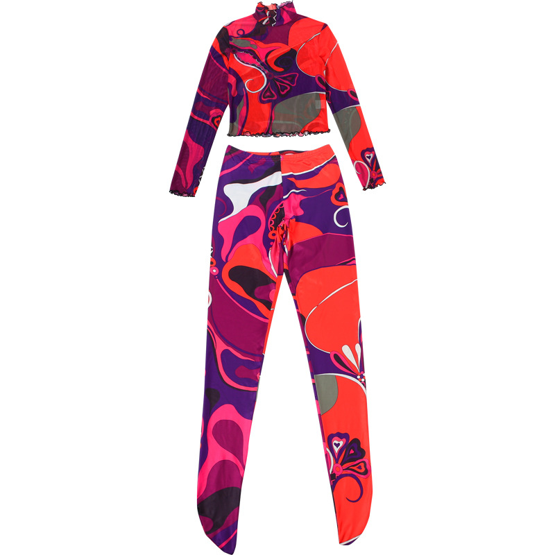 Women Spring Printed Sexy See-Through Top and Pants Two-Piece Set