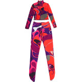 Women Spring Printed Sexy See-Through Top and Pants Two-Piece Set